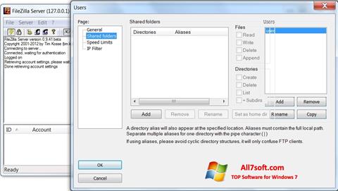 Ekraanipilt FileZilla Server Windows 7